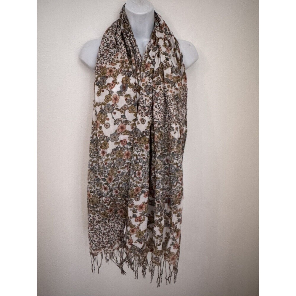 Cotton Boho Hippie Scarf Cottagecore Ditzy Print Fall White Brown Blue Fringe